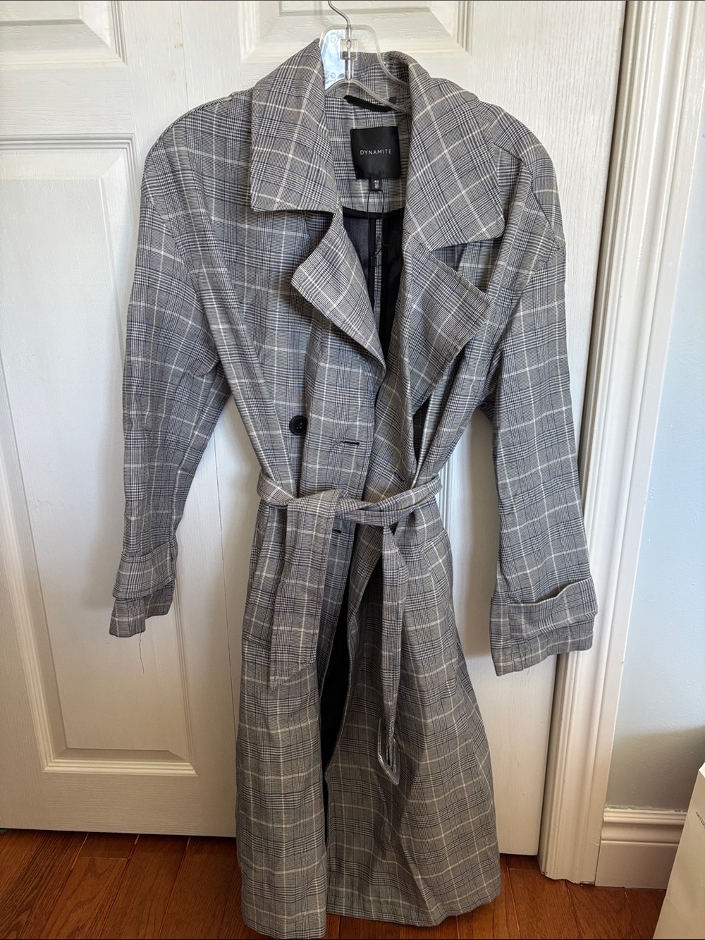Brand New Dynamite Grey Plaid Belted Trench